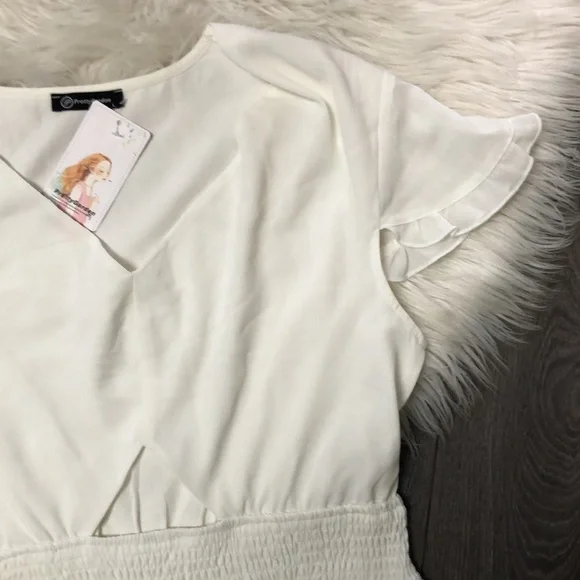 NEW Pretty Garden Medium large Dress White Cut Out Layered Chiffon Empire Waist - Picture 7 of 14